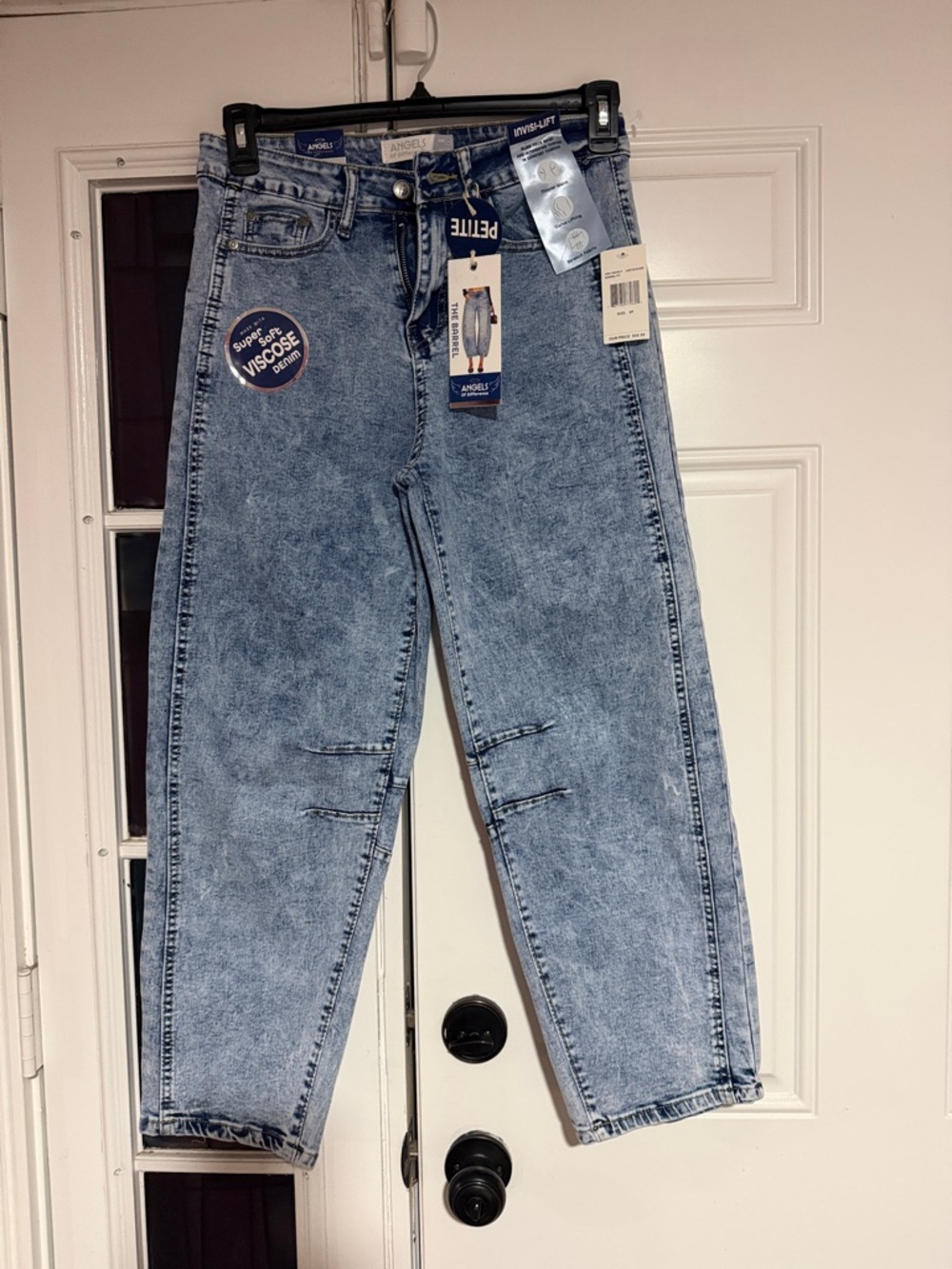 Angels Petite Barrel Leg Acid Wash Jeans - Light Blue